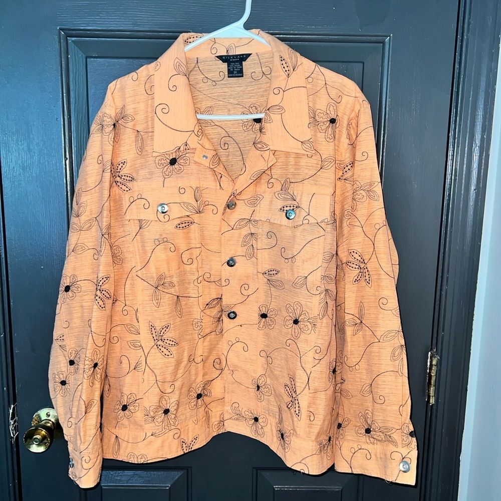 100% silk SilkLand Orange Floral Jean Jacket 2xl